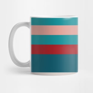 A fascinating farrago of Blood (Animal), Pastel Pink, Silver, Dark Cyan and Philippine Indigo stripes. Mug